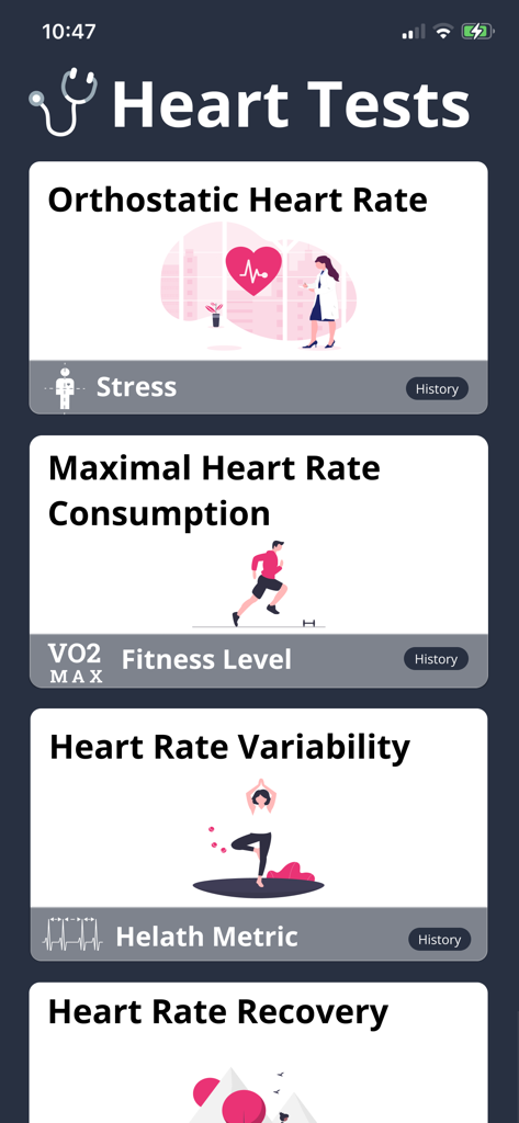 A mobile app interface displaying a menu of various heart health tests including stress levels, fitness level, and heart rate variability