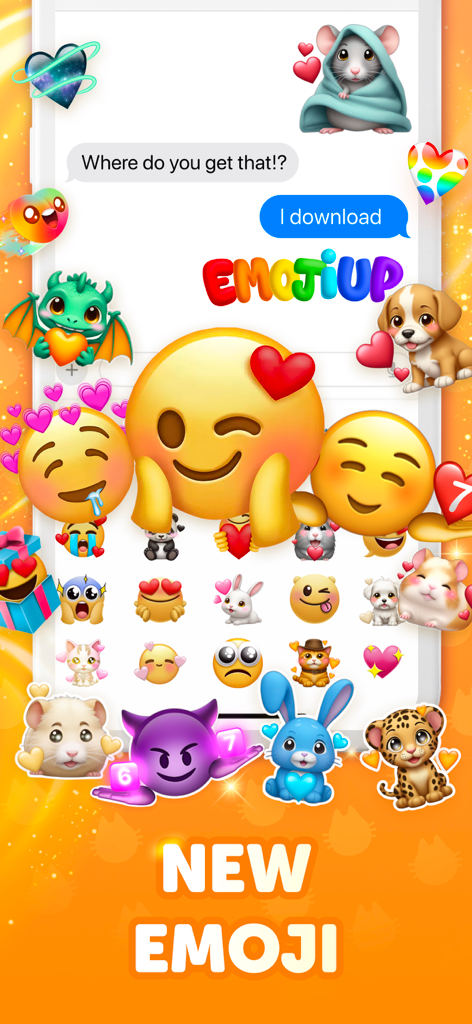 Emoji Up 앱에서 메시지를 위한 다채로운 맞춤 이모지와 동물 스티커 모음