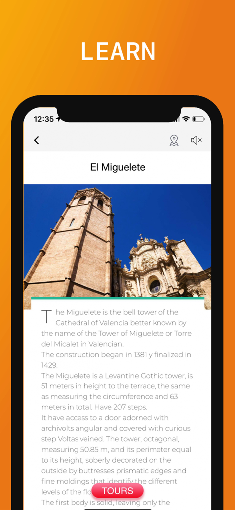Valencia Travel Guide . - 발렌시아의 El Miguelete 종탑 사진과 역사적 설명을 보여주는 앱 화면