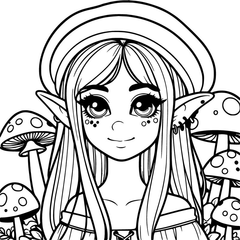 realistic female elf with cute mushrooms all around her face
