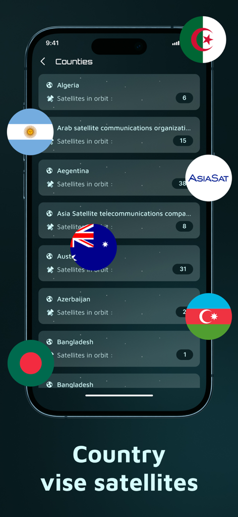 Captura de pantalla de la aplicación Satellite Track que muestra una lista de satélites en órbita organizados por país con banderas nacionales.