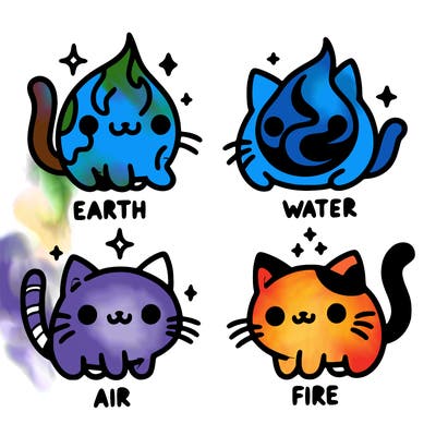 4 cats that represent the different elements, earth, water, air, and fire