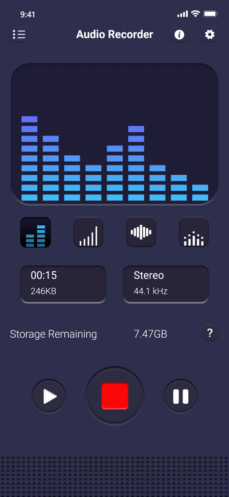 Voice recorder & editor Pro - Main recording screen of the Voice Recorder and Editor Pro app featuring a blue frequency visualizer and stereo settings