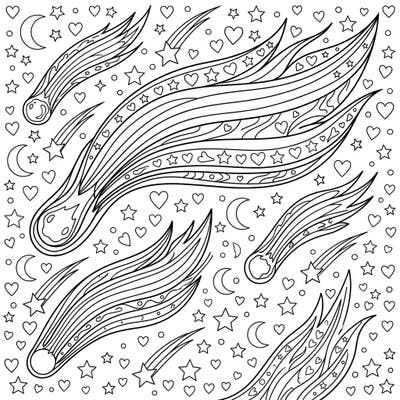 Journey through the cosmos with this enchanting Comet Tails Pride coloring page, celebrating love and diversity in a spectacular celestial display. Each comet's trail is intricately designed, surrounded by a universe of hearts, stars, and moons ready for your creative touch.