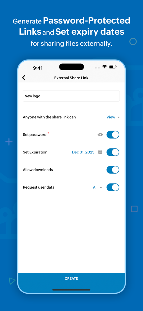 Zoho WorkDrive mobile app interface showing options to set passwords and expiration dates for secure external file sharing
