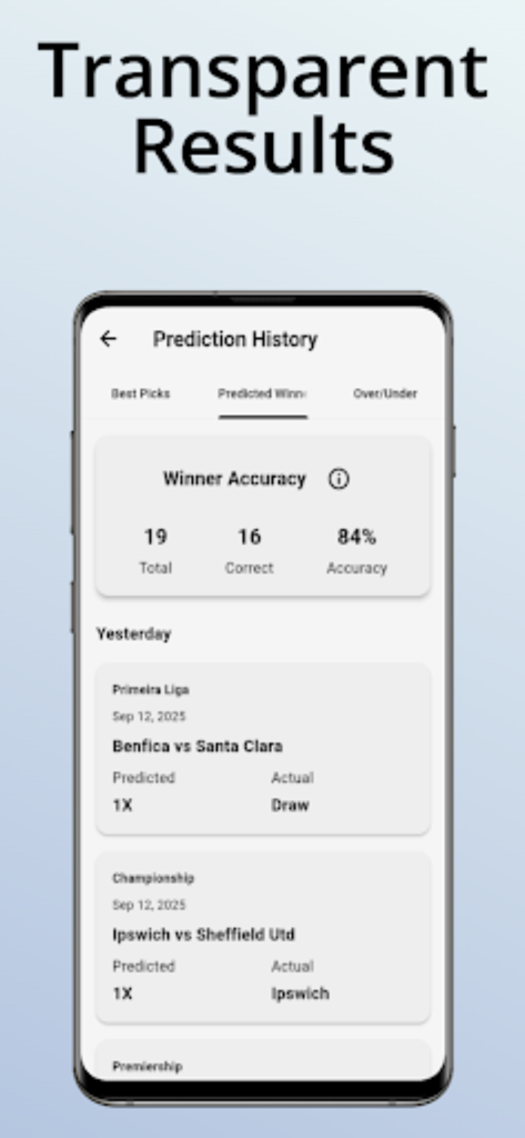 Predwit - Predwit app prediction history screen showing 84 percent winner accuracy and transparent sports results.