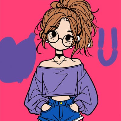 girl with a messy ponytail glasses a baggy crop top and jean shorts