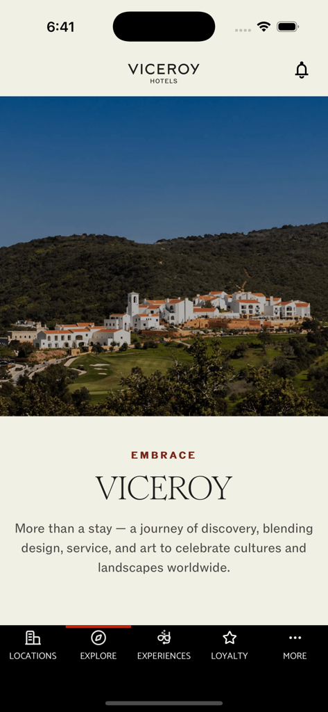 Viceroy Hotels - 럭셔리한 언덕 휴양지와 브랜드 설명을 보여주는 Viceroy Hotels 앱 탐색 화면