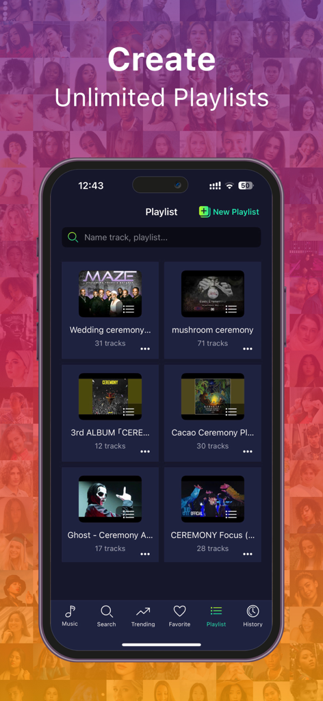 Musica XM - Offline Music - Musica XM app interface showing the playlist section with various custom music collections