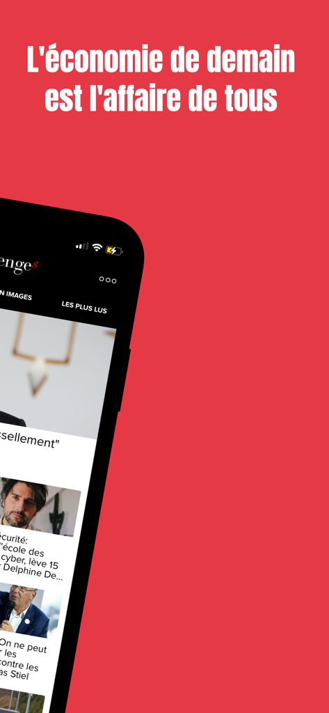 Challenges - iPhone displaying the Challenges news app interface with French business and economic articles on a red background.