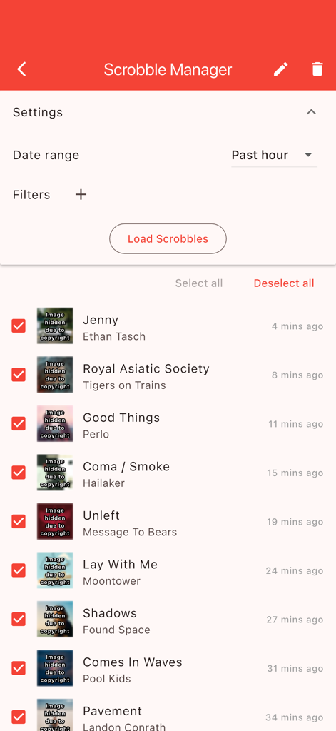 Finale for Last.fm - Interface of the Scrobble Manager in Finale for Last.fm showing a list of recent tracks with checkboxes for bulk editing or deletion.