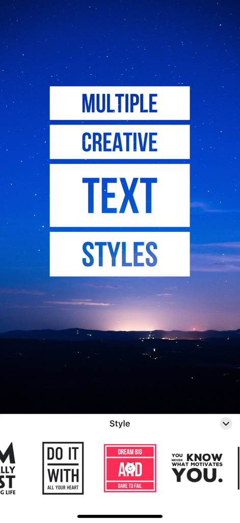 TextArt - Text on Photo Editor - App interface showcasing multiple creative text styles and design templates on a photo