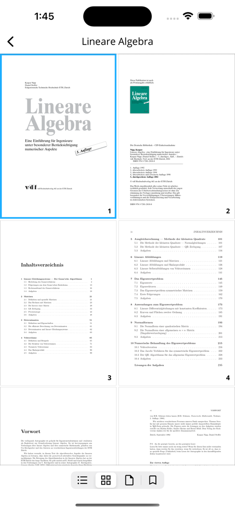 vdf Hochschulverlag - Digitale Leser-Oberfläche, die Seiten aus einem Lehrbuch der linearen Algebra in der App von vdf Hochschulverlag anzeigt.