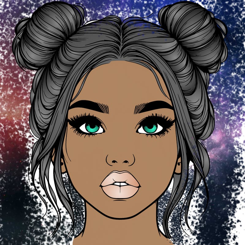 realistic girl with two buns on her hair and lips