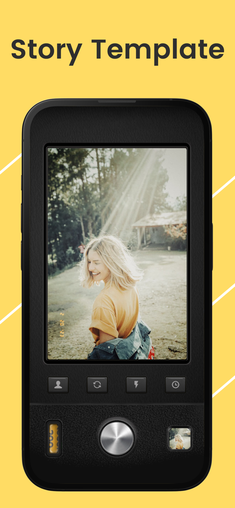 ZAPAN - Vintage Dazz Camera - ZAPAN Vintage Dazz Camera app interface showing a story template with a retro film photo of a woman outdoors