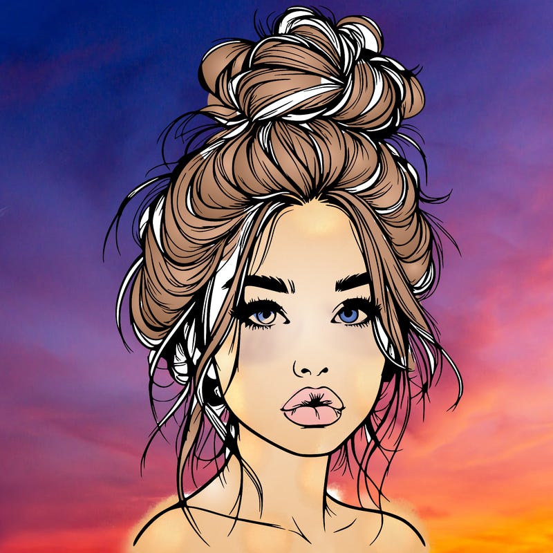 realistic girl with a messy bun and she has lips