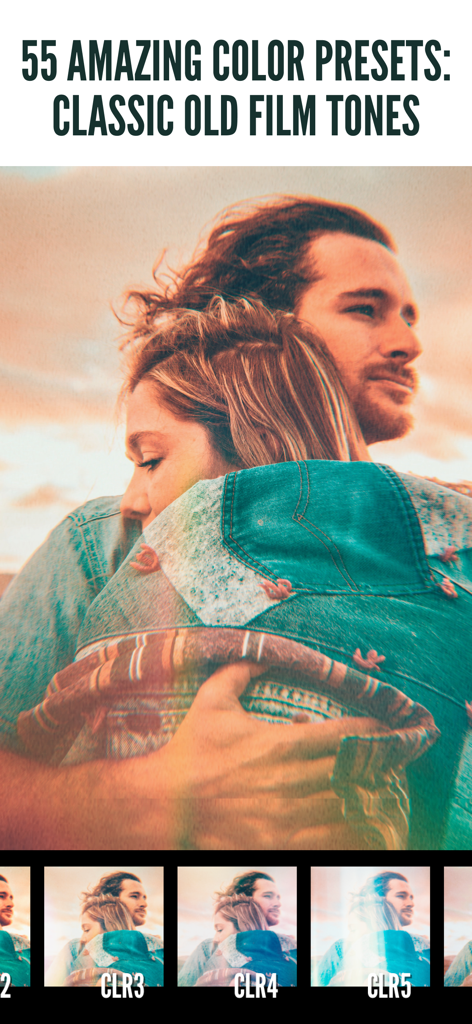 1967アプリでヴィンテージフィルムカラープリセットとレトロフィルターで編集されたカップルのポートレート。