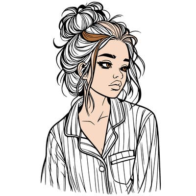 realistic woman with pajamas on and a messy bun