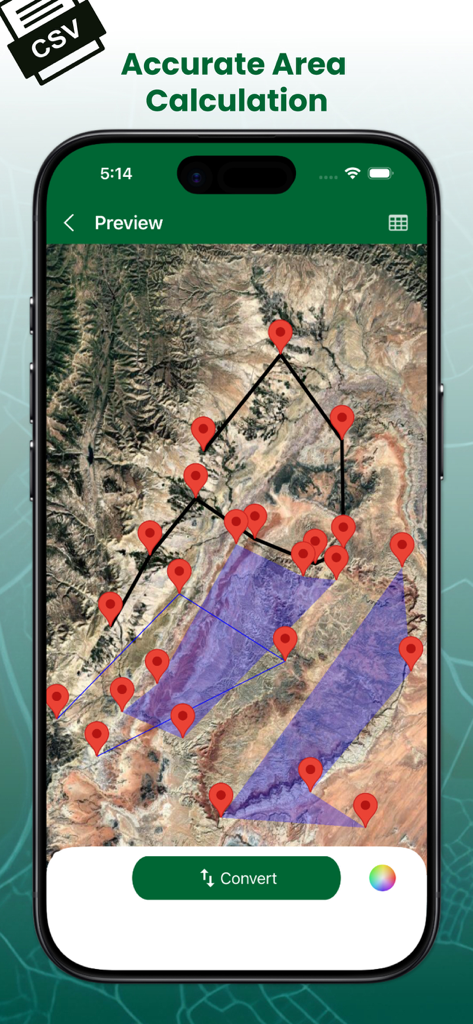 KML Viewer and Converter - App interface showing a satellite map with pins and polygons for area measurement
