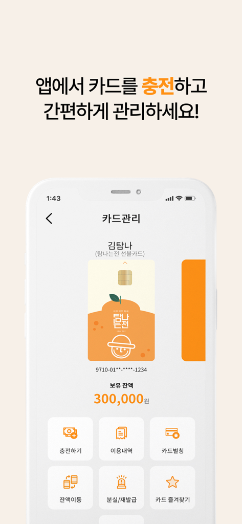 Tam Na Neun Jeon mobile app screen showing Jeju local currency card management and current balance