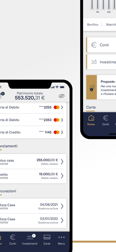 Mediobanca Premier - Dashboard dell'app mobile Mediobanca Premier che visualizza il patrimonio netto totale e le informazioni sul mutuo