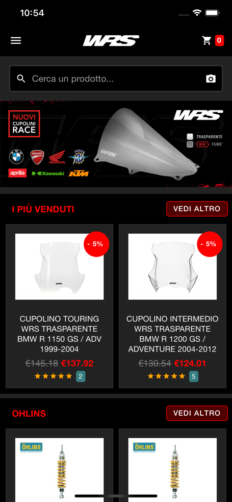 WRS Italy mobile app interface showing a catalog of motorcycle windshields and accessories with product ratings and discounts