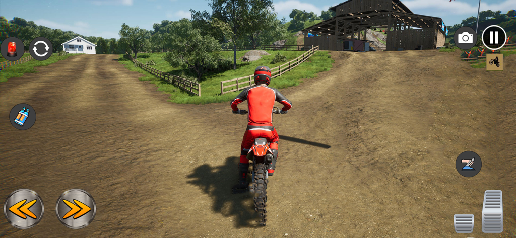 Motocross Mad Bike MX Racing - A motocross rider in red gear on a dirt track in a 3D racing game with a rural landscape background.