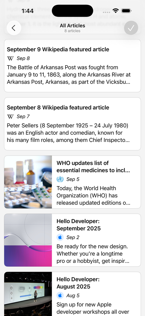 CloudNews app interface displaying a list of news articles from various RSS feeds including Wikipedia and Apple Developer