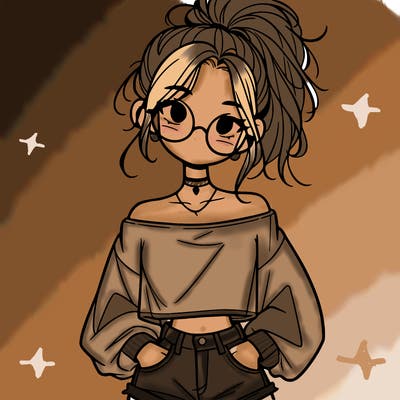 girl with a messy ponytail glasses a baggy crop top and jean shorts