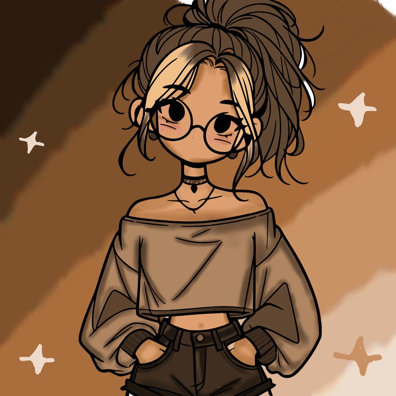 girl with a messy ponytail glasses a baggy crop top and jean shorts