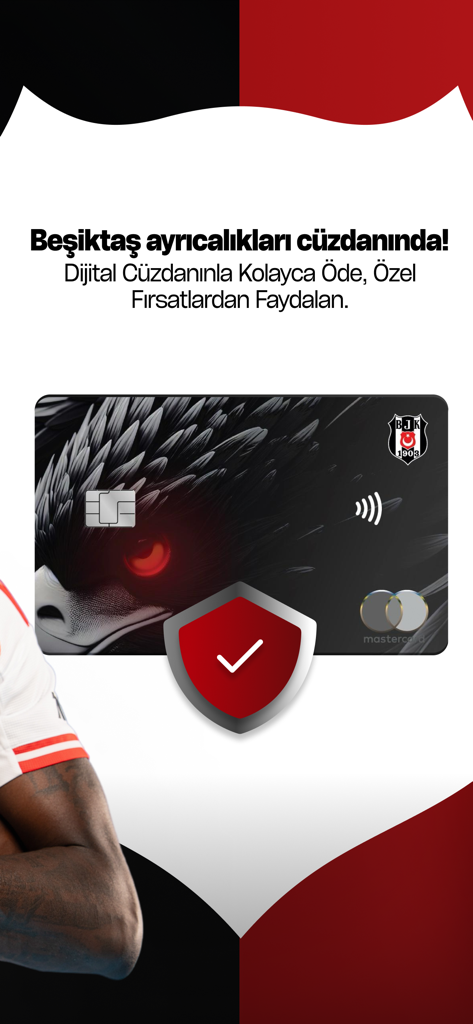 BJK SuperApp - Tarjeta de billetera digital de Besiktas JK con diseño de águila negra e icono de pago seguro