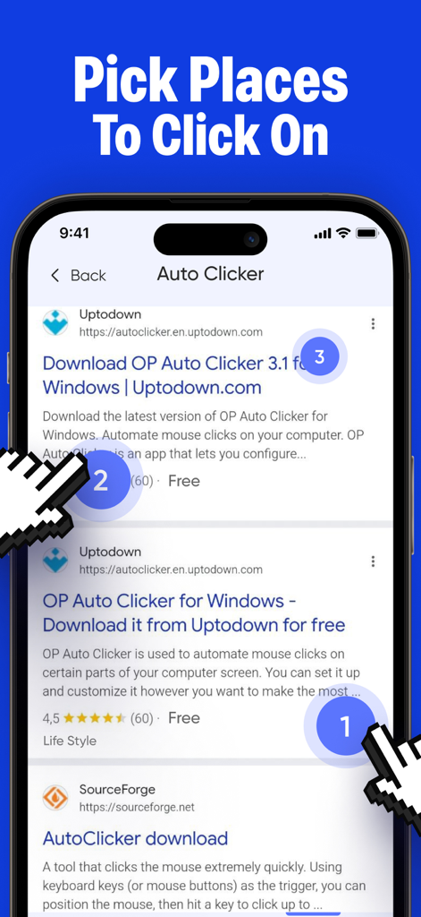 Interface of the Auto Clicker app showing numbered targets for setting up automated screen clicks on a web browser