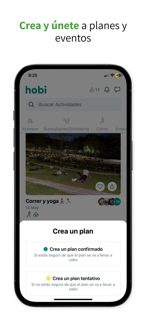 hobi - Friends & Plans - Mobile screen of hobi app showing options to create confirmed or tentative plans for social events