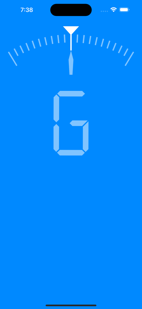 Minimalist digital interface of a chromatic tuner app showing the note G with a tuning meter on a blue background