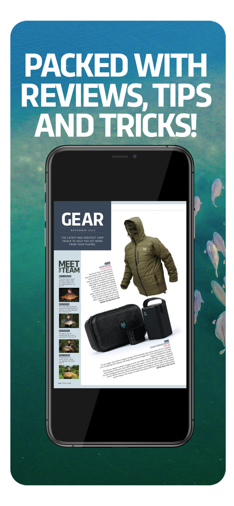 Total Carp - A smartphone screen displaying the gear section of Total Carp magazine with reviews of fishing jackets and power stations