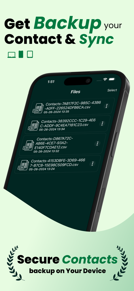 Get contact Backup: vCard, CSV - Smartphone-Bildschirm, der eine Liste exportierter CSV-Kontaktbackup-Dateien in der App anzeigt