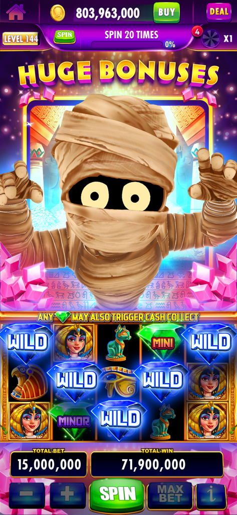 Gameplay screenshot of Cashman Casino Slots featuring an Egyptian mummy theme with wild symbols and huge bonuses.