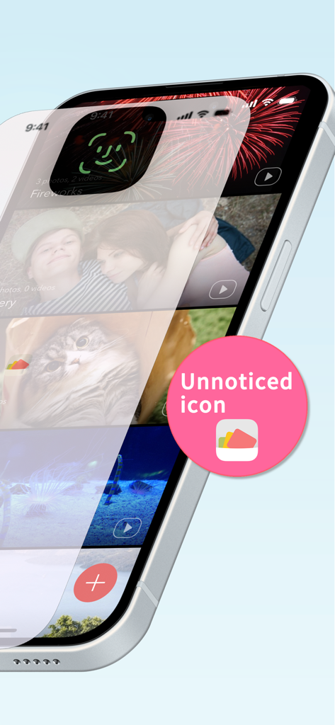 Secret Key Lock Album - iPhone screen showing a secure photo vault with Face ID lock and a discreet app icon