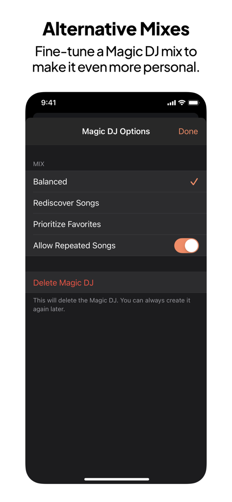 SongCapsule app interface showing Magic DJ options to fine-tune music mixes including Balanced and Rediscover Songs settings.