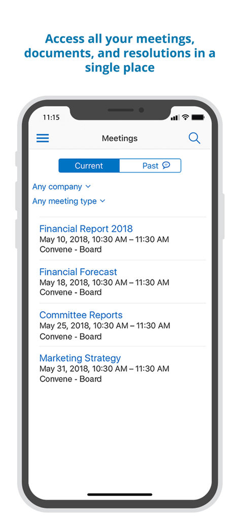 Azeus Convene mobile interface showing a list of current board meetings and reports