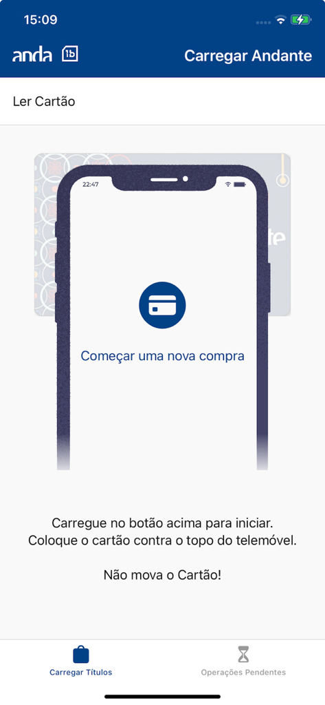 Anda - A mobile phone screen showing instructions on how to scan a physical transport card using NFC technology to top up balance.