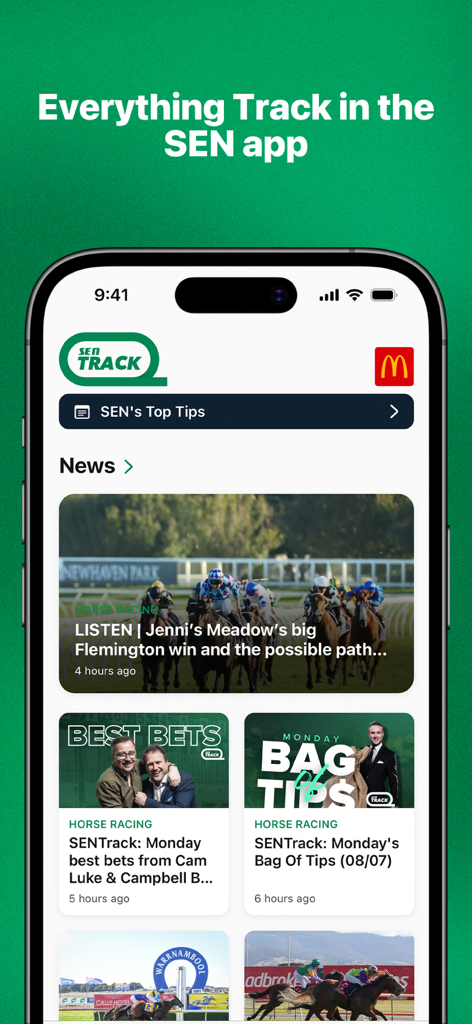 SEN Radio - SEN Radio app showing horse racing news and betting tips from SENTrack