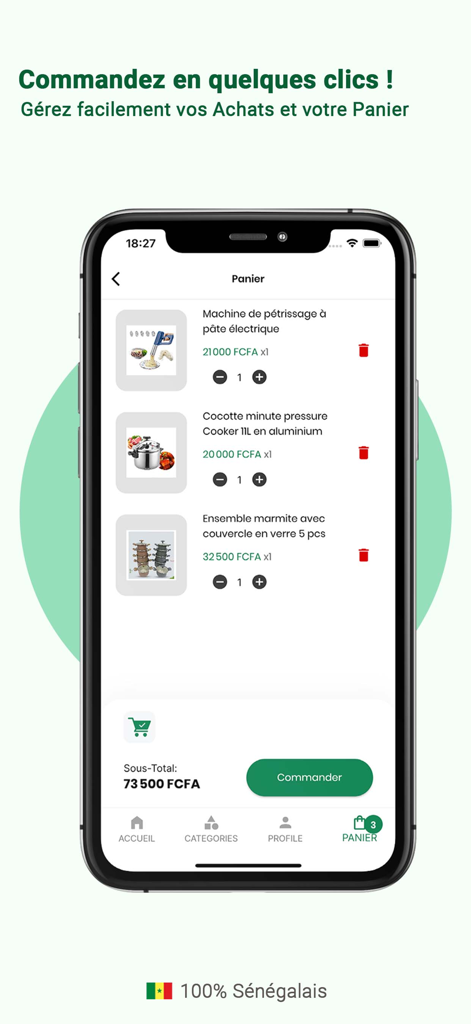 Soumari - Soumari app shopping cart page showing kitchen appliances and total price in CFA