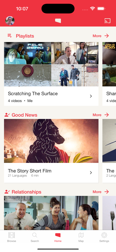 Jesus Film Project - Home screen of the Jesus Film Project app showing a library of faith based short films and playlists