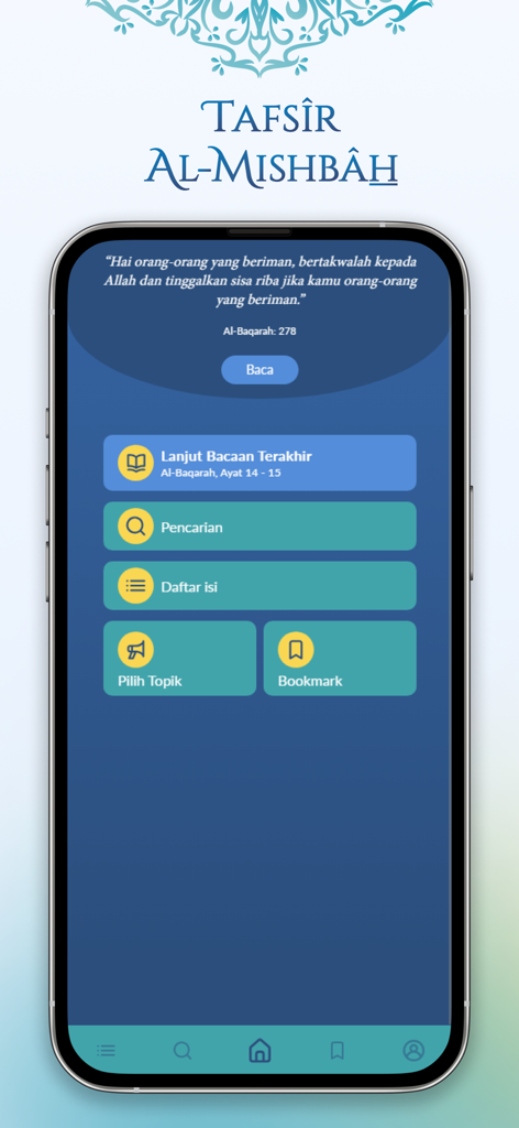 Tafsir Al-Misbah - Main menu of the Tafsir Al-Misbah mobile app showing religious study navigation options