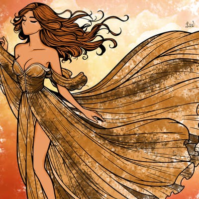 realistic woman in dress flowing the the wind