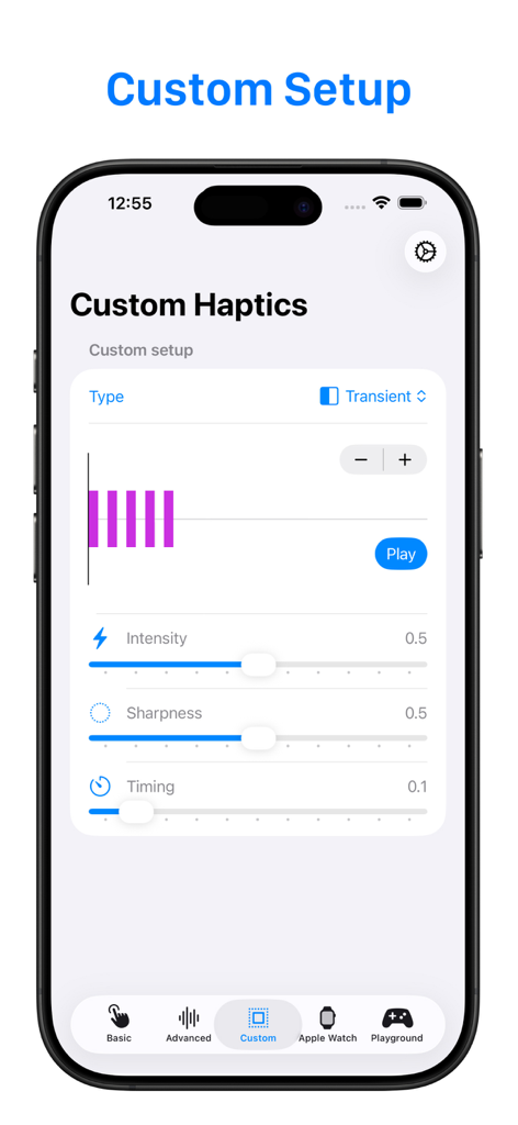 Haptic Testing: Developer Tool - A mobile app interface for custom haptic testing showing sliders for intensity and sharpness