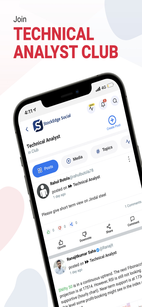 인도 주식에 대한 전문가 토론이 있는 기술 분석가 클럽 커뮤니티 피드를 보여주는 StockEdge Social 앱 화면.