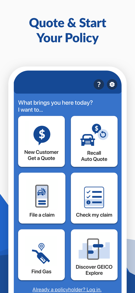 GEICO Mobile - Car Insurance - GEICO Mobile app interface showing options for getting a quote filing a claim and finding gas