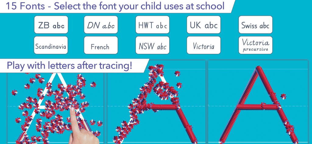 Writing Wizard app interface showing school font options and interactive letter tracing with animated effects